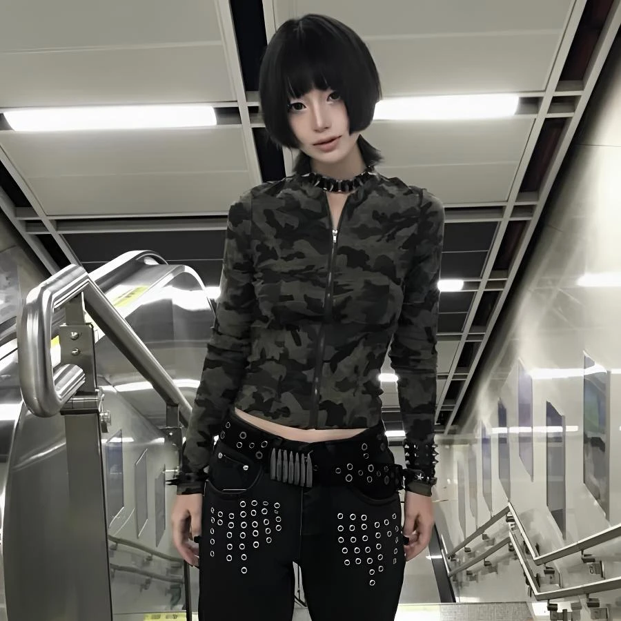 美式复古迷彩露背绑带开衫T恤女2025春秋新款修身甜酷辣妹短上衣