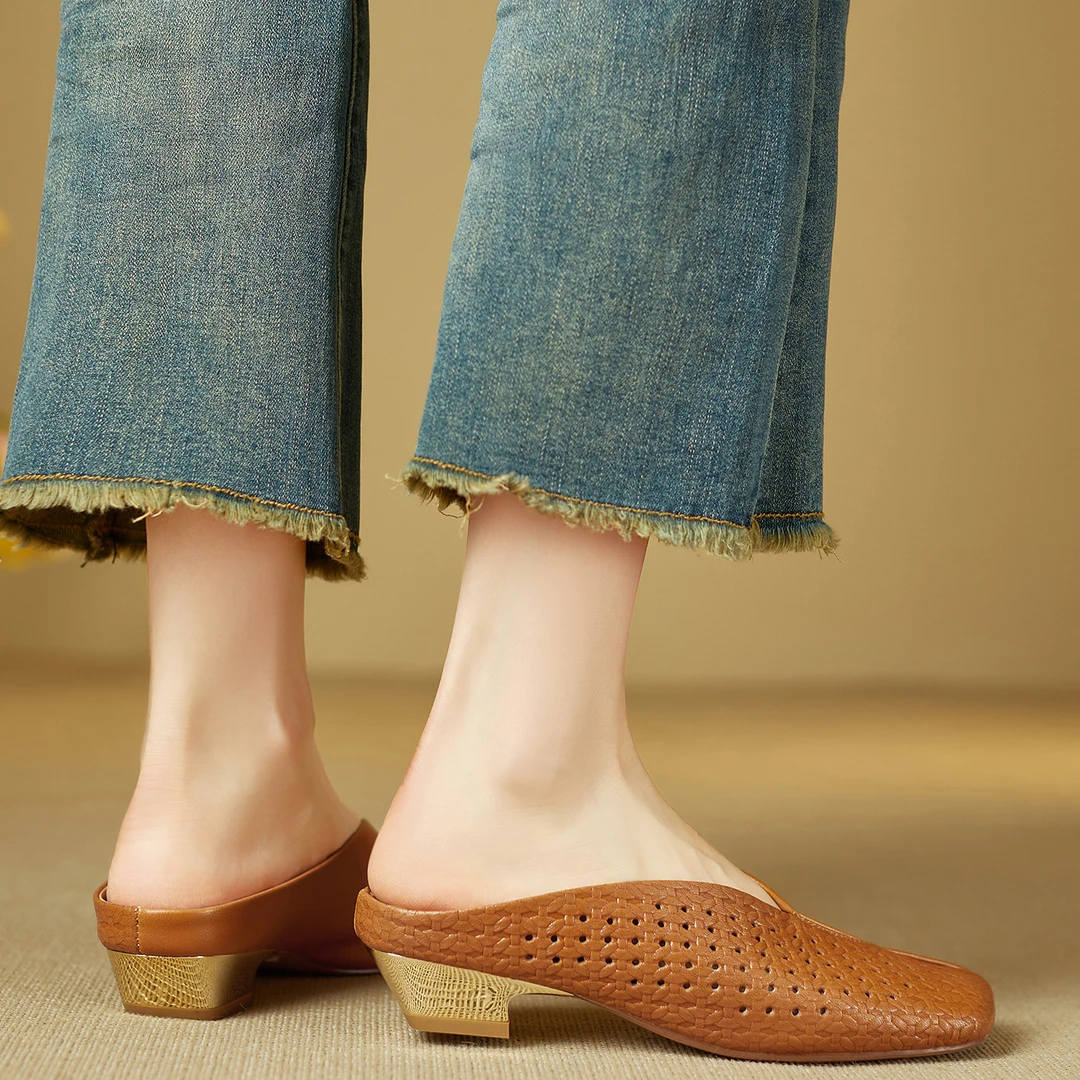 不累脚手工女鞋2.5cm~镂空粗跟软底拖鞋女夏外穿妈妈鞋包头拖复古