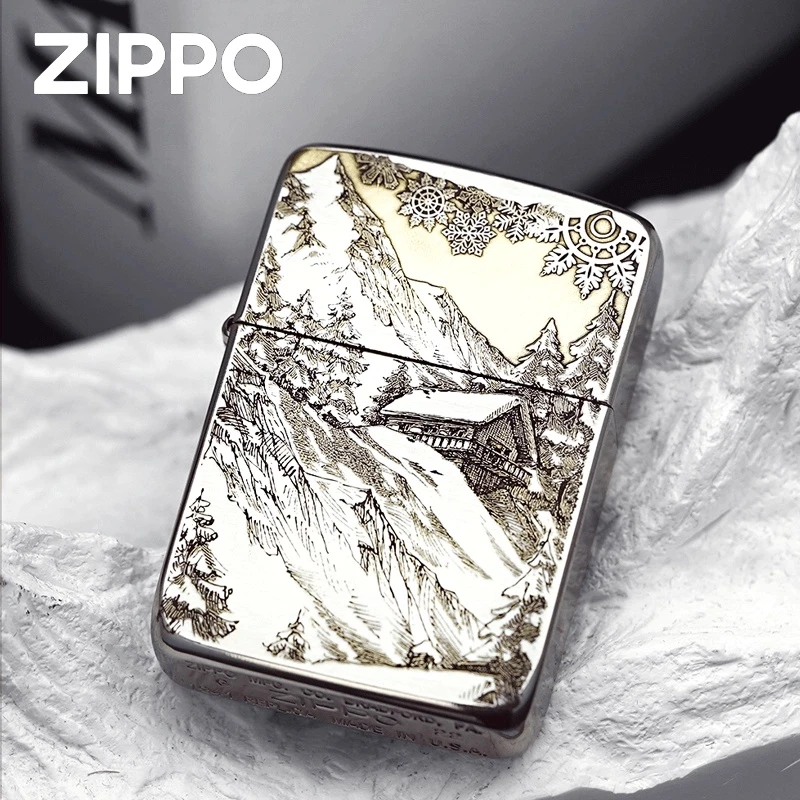 ZIPPO打火机精雕1941军机金冰双面雕刻雪山小屋DY9913FK【俊昊