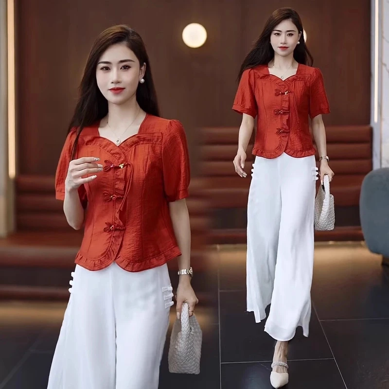 时尚洋气国风雪纺衫阔腿裤套装女2025夏季新款小个子短款衬衫上衣