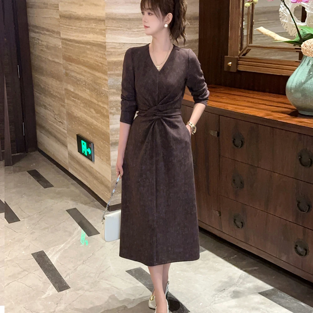 【现货+运费险】秋冬款系带高级感气质小个子收腰长袖连衣裙