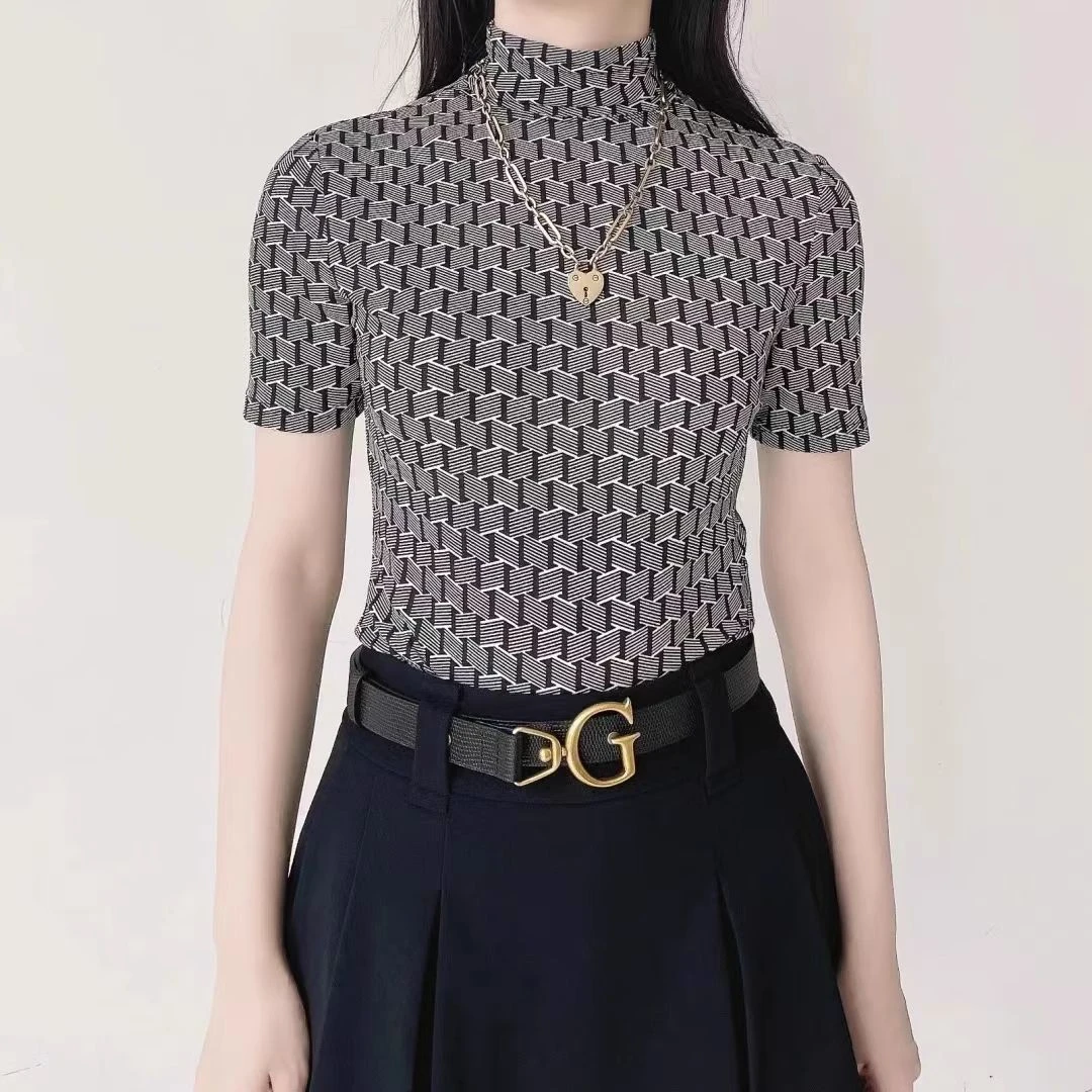 【商场同款】2025春款半高领打底短袖t恤女印花网纱短款上衣1300910