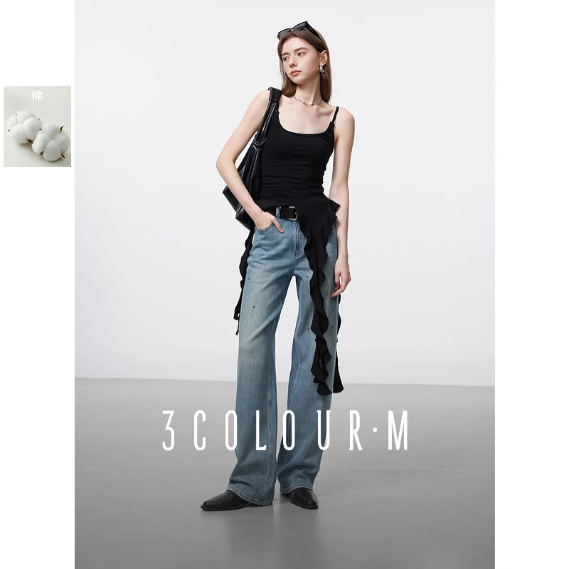 三彩2025春季新款烫钻牛仔裤休闲直筒裤宽松拖地长裤简约时尚M