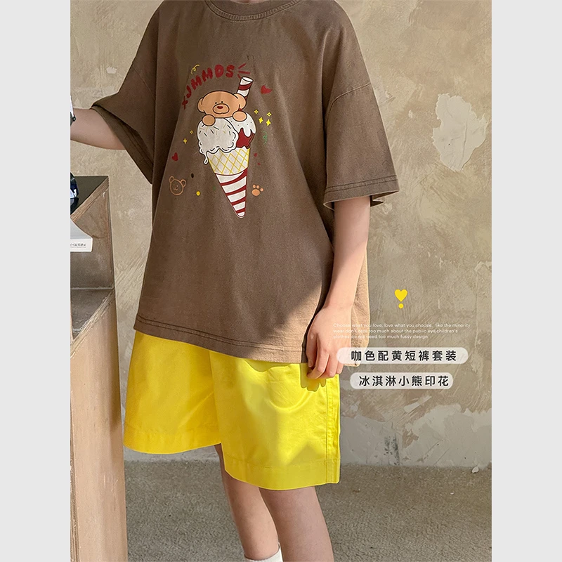 虾酱麻麻男童短袖t恤套装夏季2025新款男孩上衣撞色儿童纯棉裤子