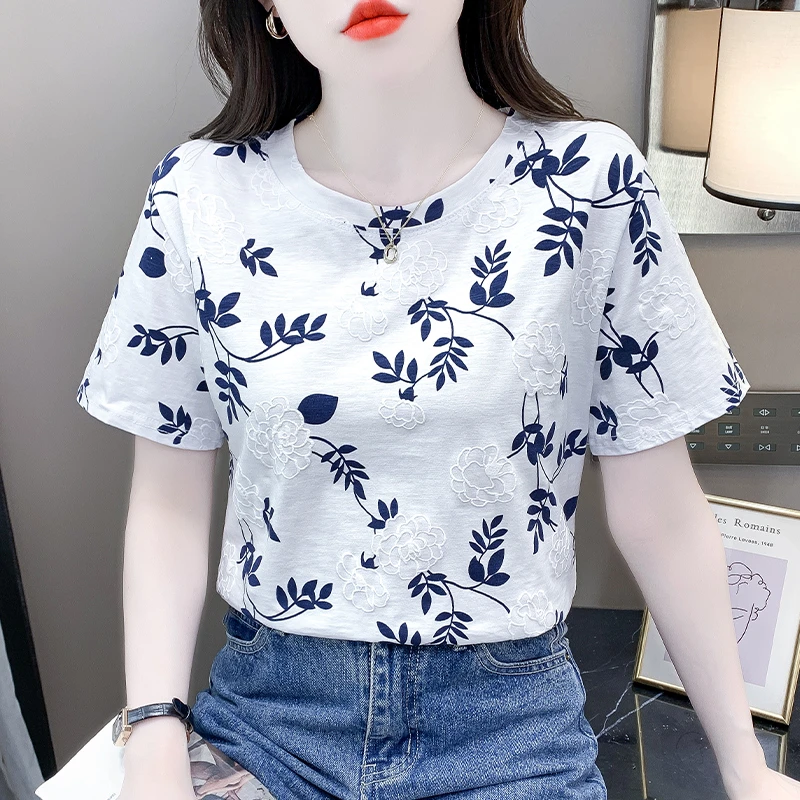 时尚设计感碎花短袖女士圆领T恤夏季宽松百搭洋气独特漂亮小衫