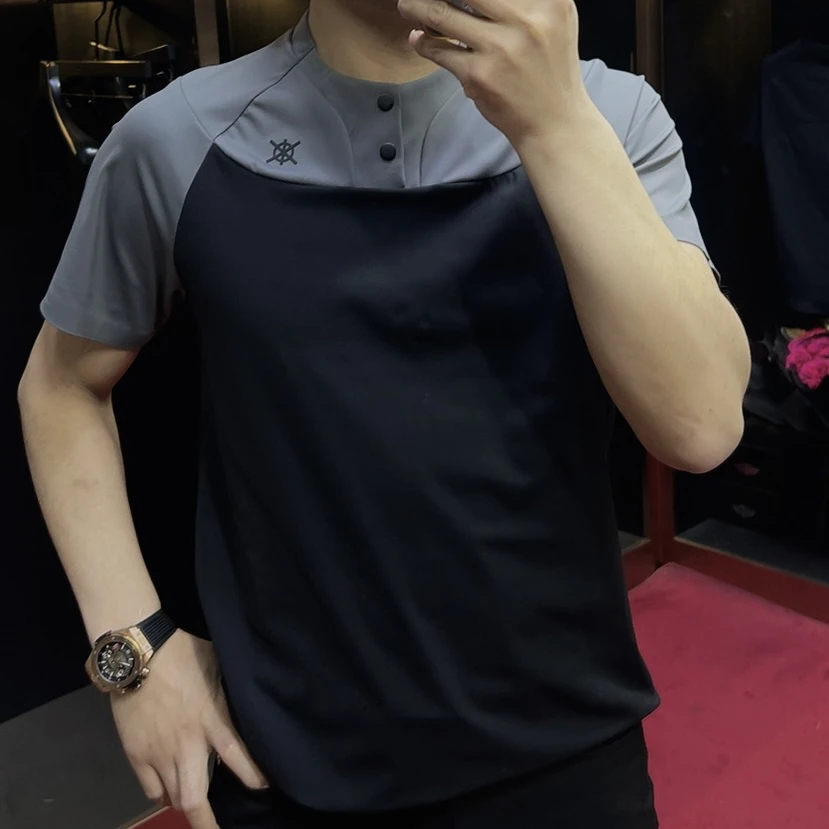 078#经典百搭男士户外无痕压胶纽扣短袖上衣套装时尚休闲