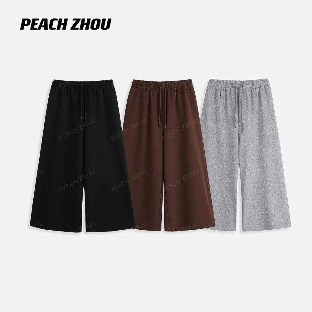 『PEACHZHOU』420g裤耳后移宽松毛圈松紧腰休闲裤松驰阔腿八分卫裤