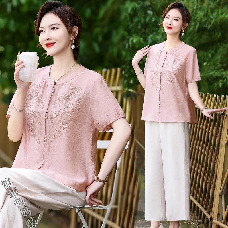2025新款妈妈夏装短袖套装夏季时尚中老年女装大码洋气上衣衬衫