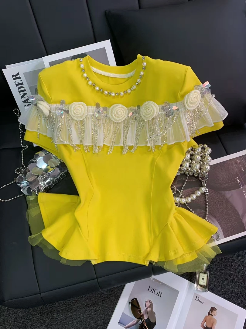 ZHOUYI/周一 2025新款百搭上衣女钉珠亮片花朵短袖蕾丝时尚T恤