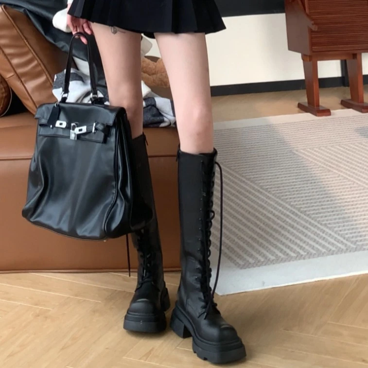 孙妍新款【黑骑士】长靴骑士靴2023新款秋冬圆头厚底系带粗跟高筒