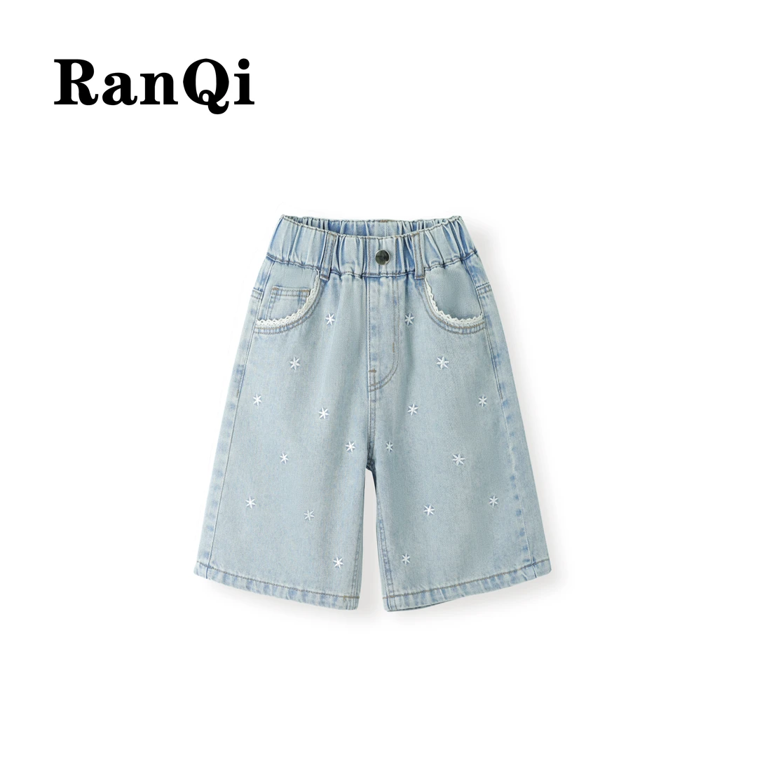 女童夏季牛仔裤2025夏季新款裤前刺绣款中大童百搭牛仔五分裤A063
