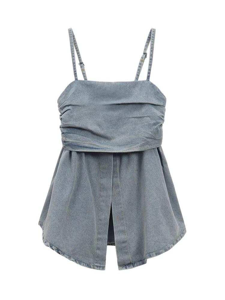 辣妹复古牛仔抹胸吊带背心女夏季露肩设计感显瘦性感外穿上衣小众