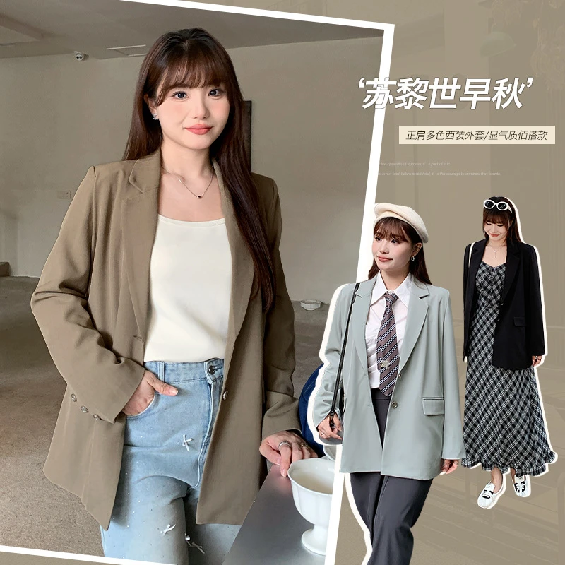 韩版胖mm气质高级时尚休闲西装女秋大码显瘦减龄遮腰外套