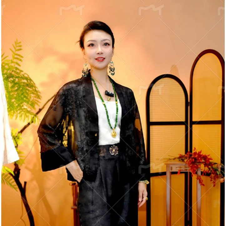 【轻风透】夏季新款国风宽松短款外套上衣黑色女士女装