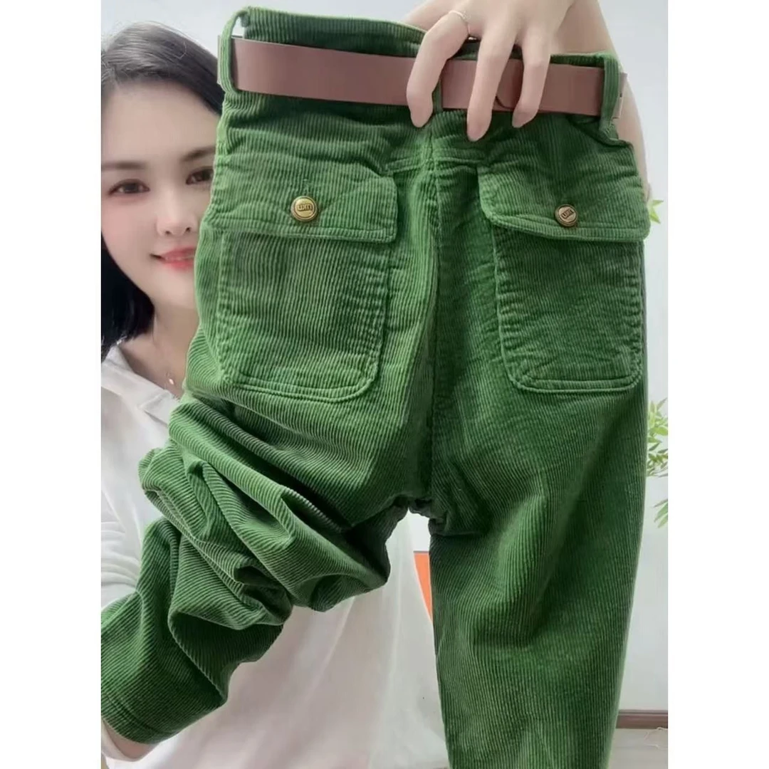 秋季新款休闲裤双兜纯色灯芯绒小脚裤女百搭显瘦洋气时尚老爹裤