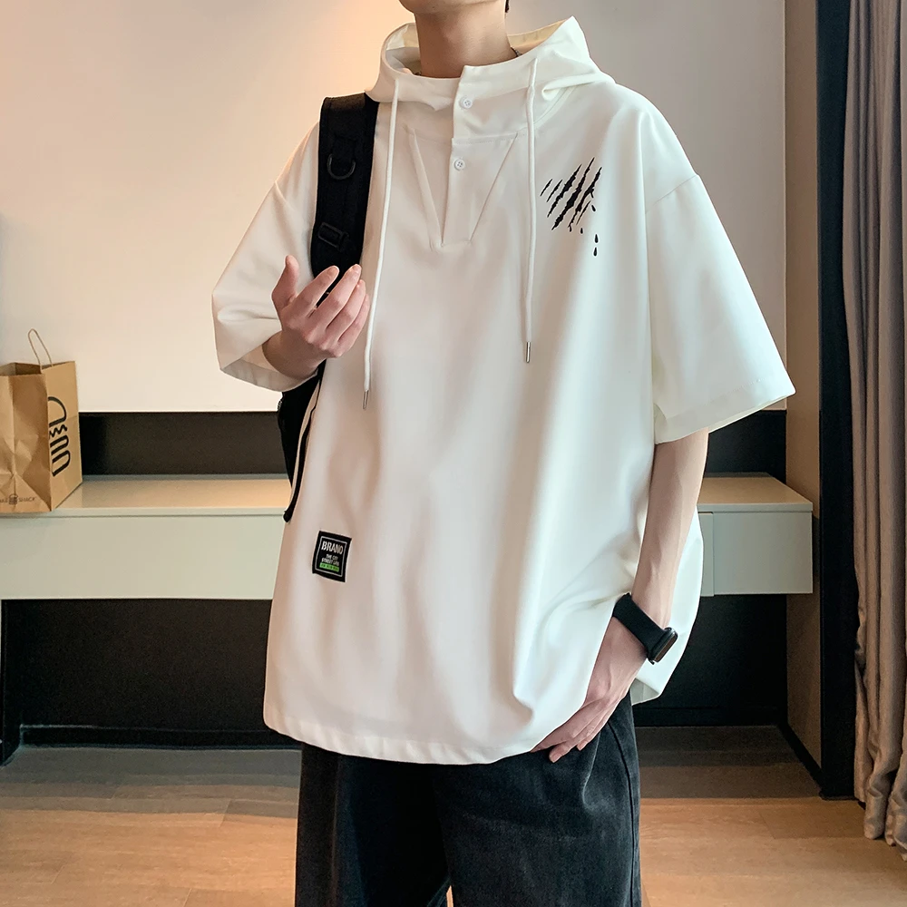港风休闲短袖设计感T恤上衣连帽外套潮流宽松大码套头休闲t恤男士