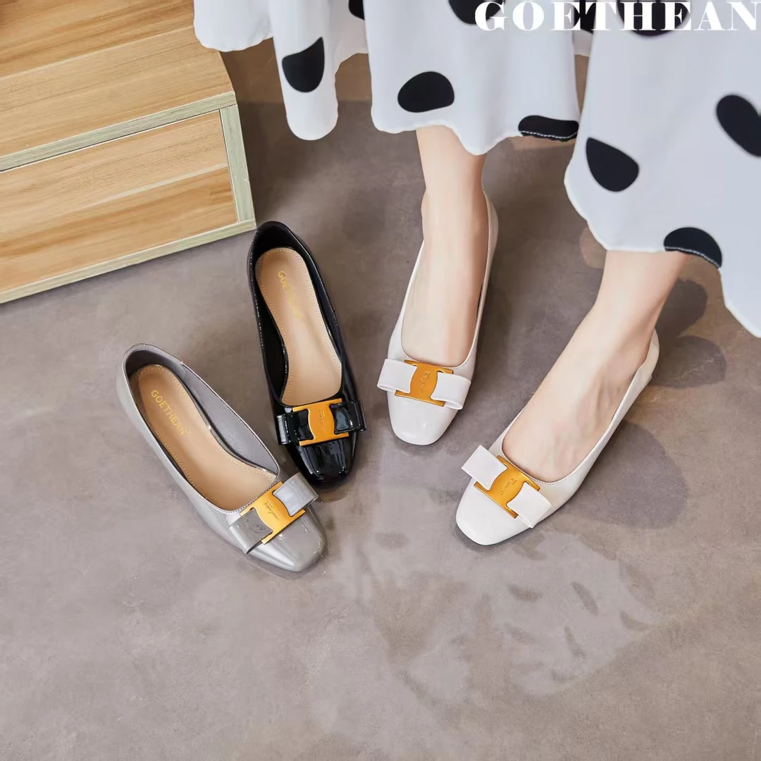 1323气质舒适时尚百搭真皮粗跟低跟拼色跟鞋