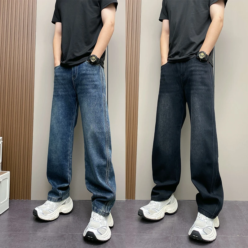 重工加绒水洗牛仔裤男士秋冬宽松直筒阔腿拖地裤拼接条纹休闲长裤