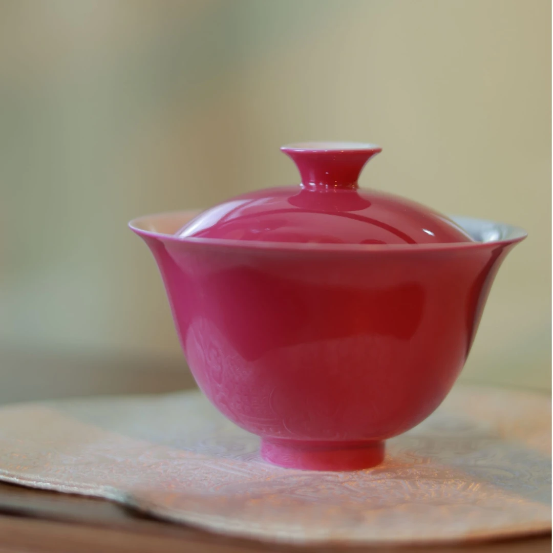 景德镇~景岚一抹色胭脂红大号胭脂盖碗