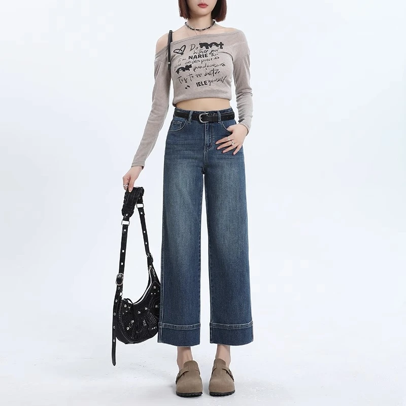 复古蓝烟管牛仔裤女春夏2025新款显瘦百搭高级感法棍直筒九分裤子