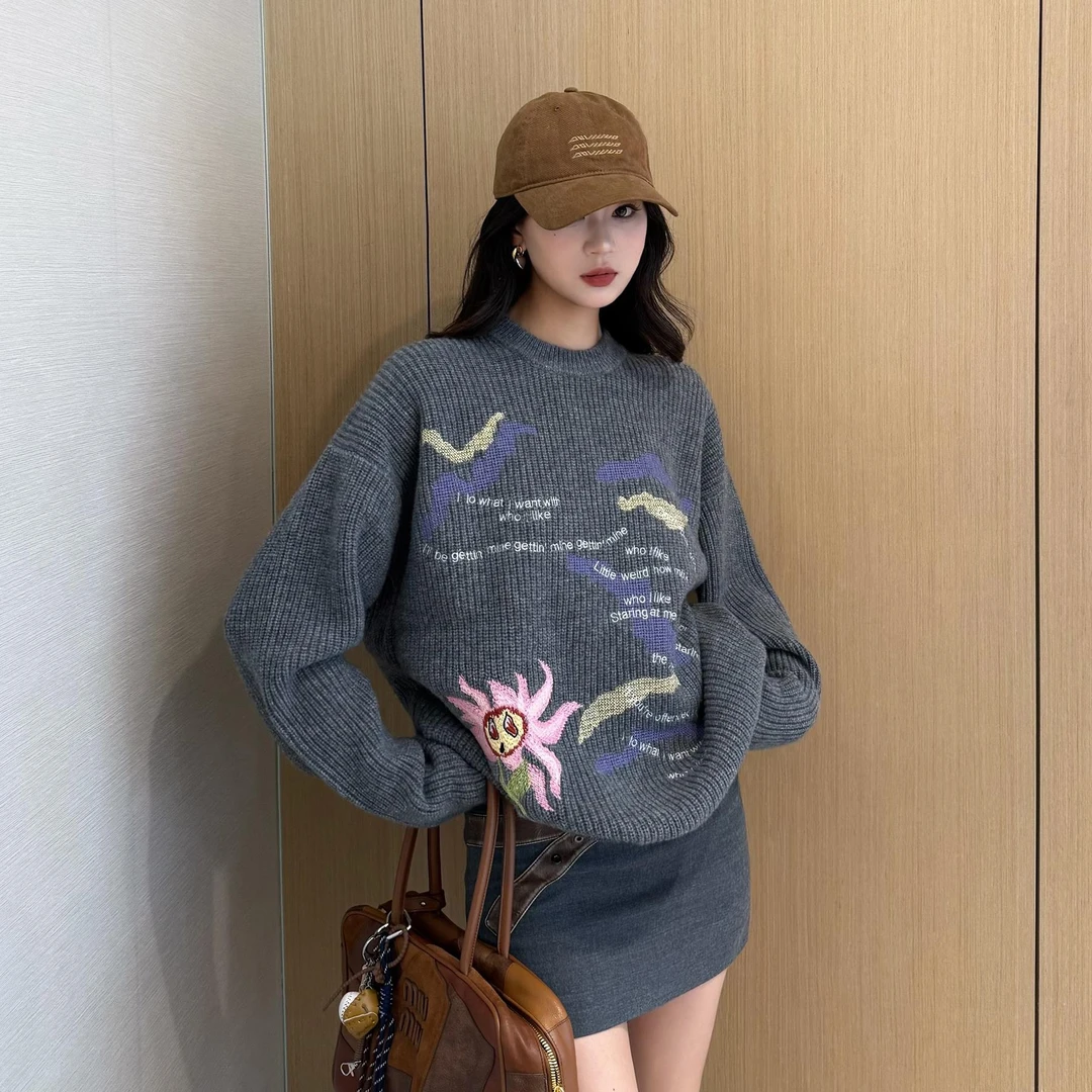 NancyCavally专柜款高品质纯羊毛 灵动艺术感向日葵提花针织毛衣