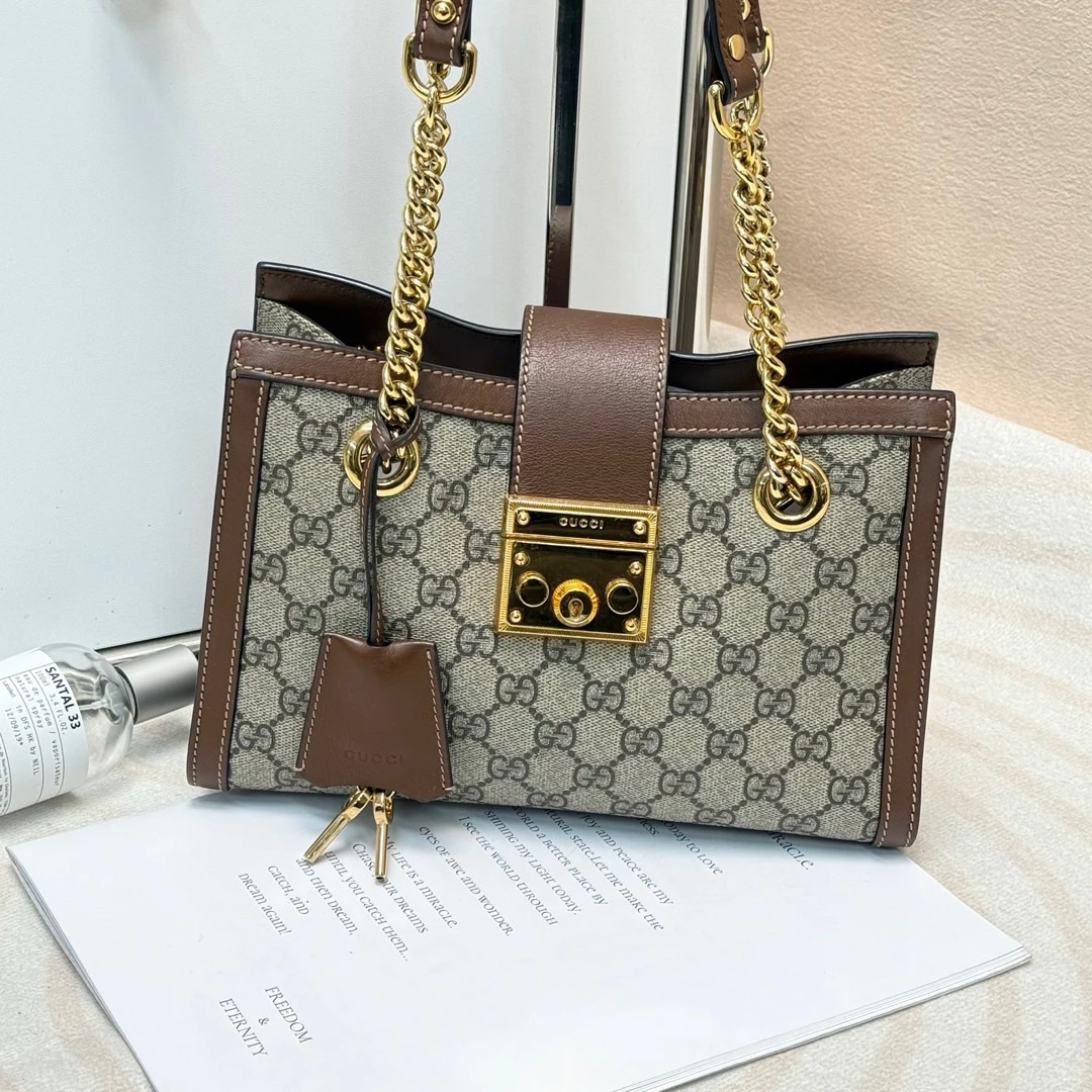 95新 GUCCI/古驰 Gucci棕色老花padlock小号托特包/619139388