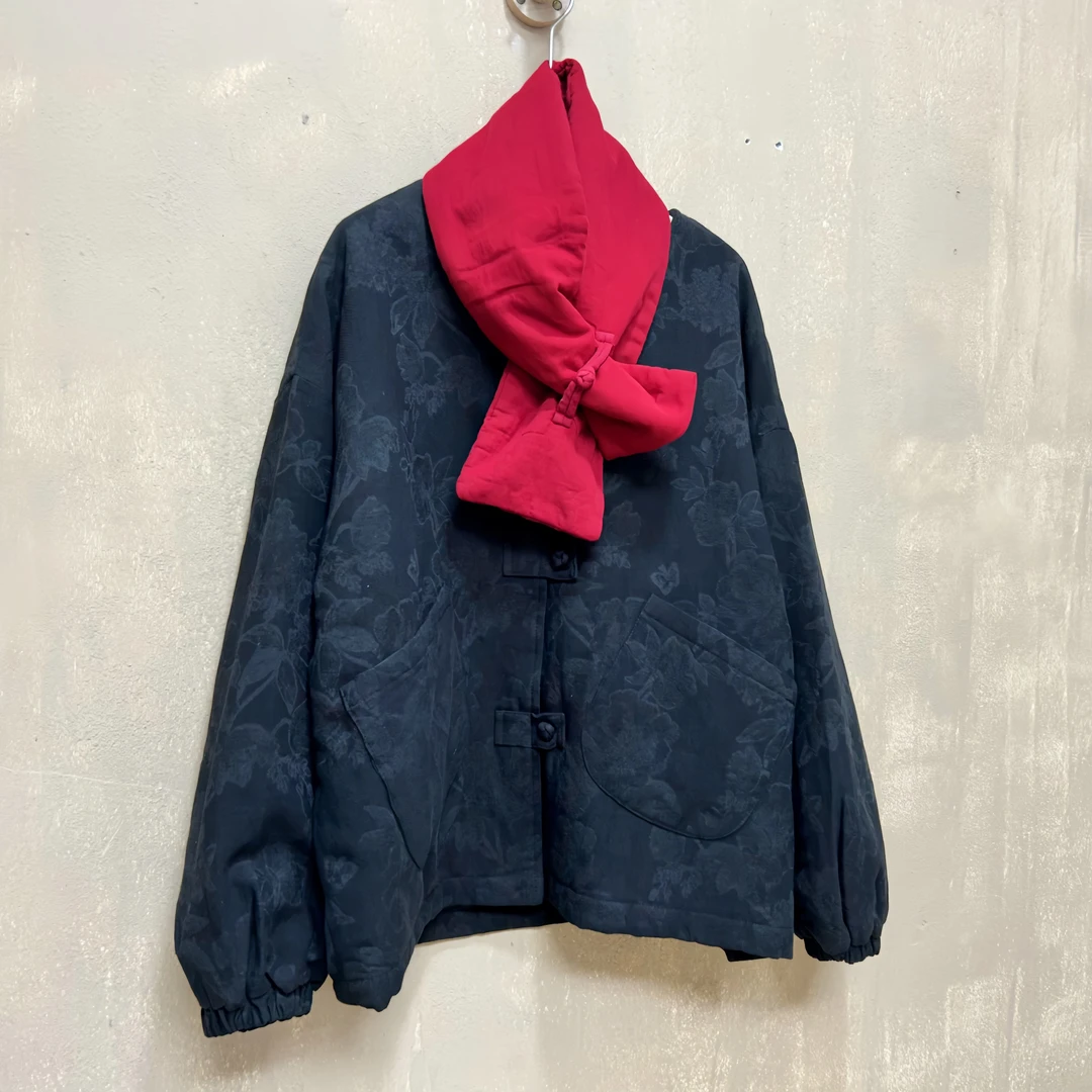 麻豆豆服饰精选(素色冬)色织提花盘扣厚外套