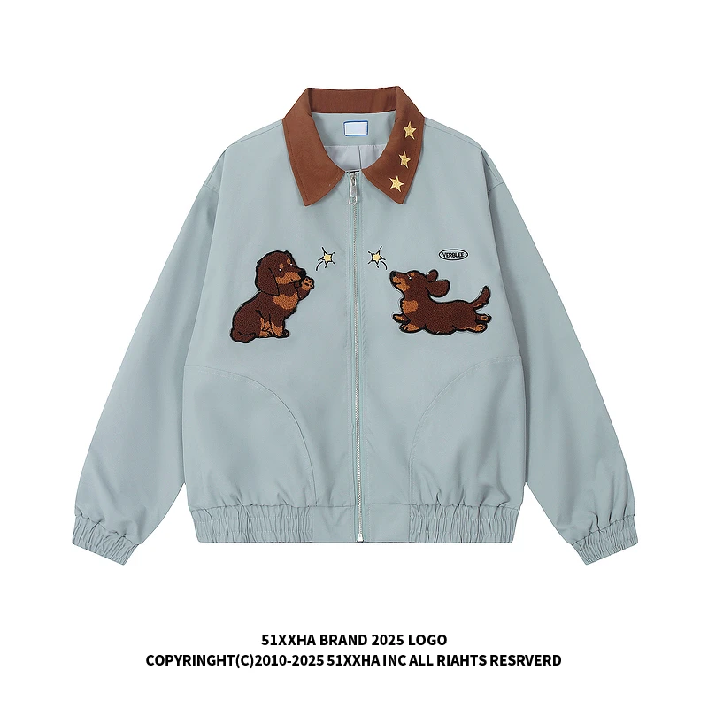 51嘻哈复古小狗植绒翻领飞行夹克男街头cityboy宽松拉链外套春季