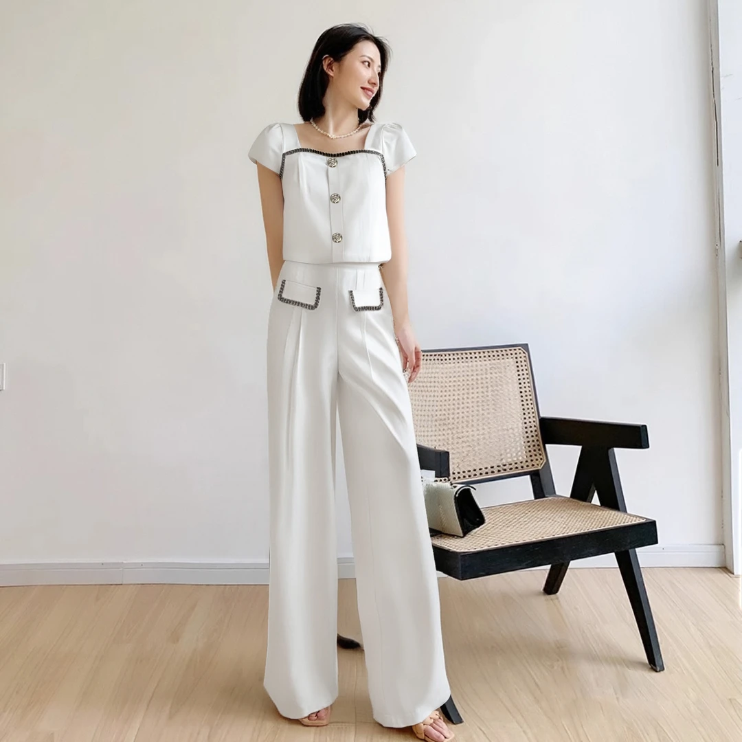 A【两件套】25夏季新气质时尚修腰高级收腰显瘦上衣+裤子套装D2204