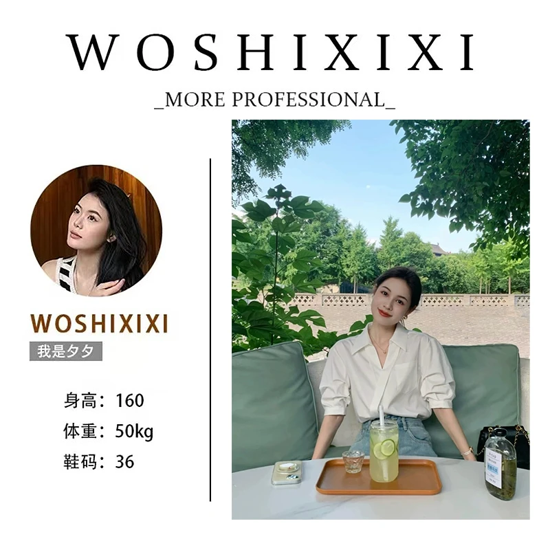 法式高级感白色V领短袖衬衫夏休闲女气质轻熟上衣衬衣6587#0.1 xx