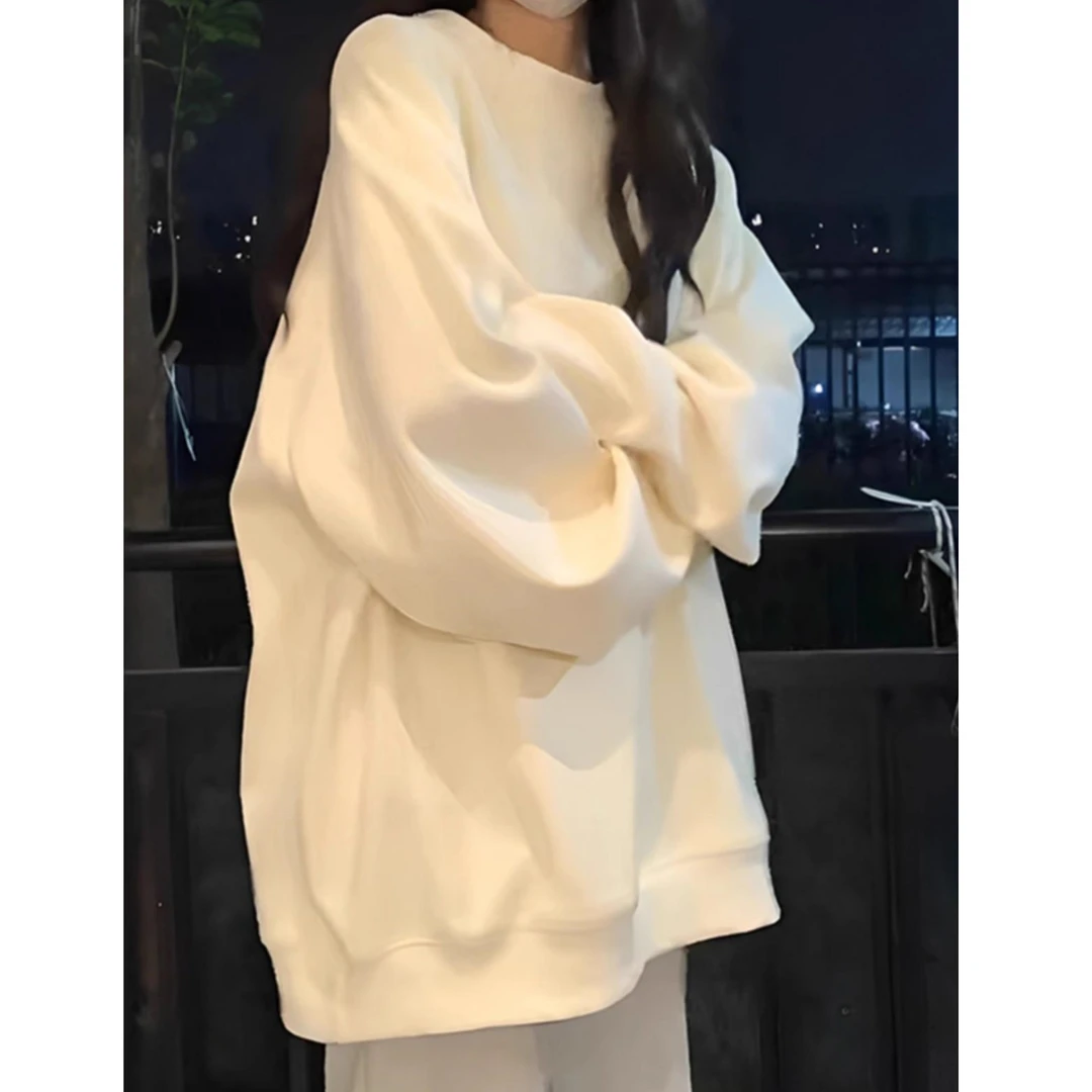 美式杏色圆领无帽卫衣女2025秋冬加绒加厚oversize慵懒风宽松上衣
