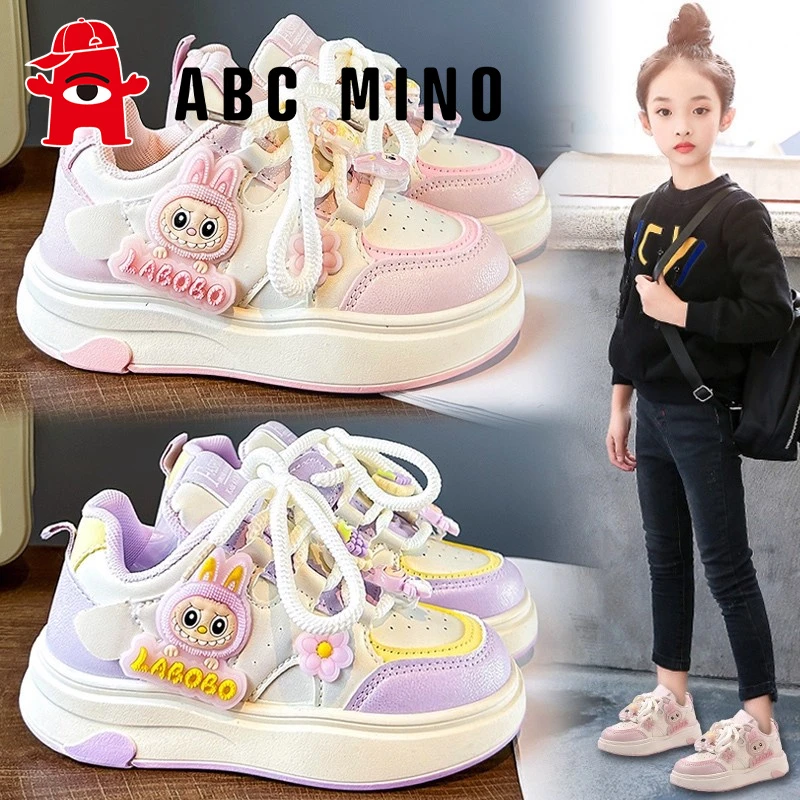 ABC MINO女童鞋子运动鞋秋季2025新款儿童皮面小白板鞋女孩中大童