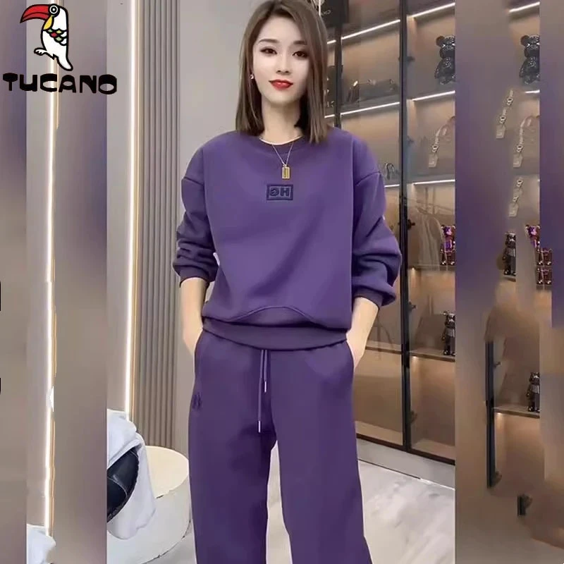 啄木鸟加绒加厚卫衣运动套装女秋冬圆领长袖上衣休闲束脚裤两件套
