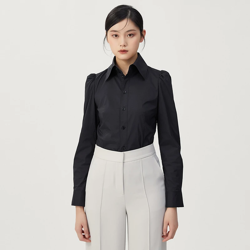 阿玛施AMASS新款女装减龄百搭翻领单排扣纯色收腰长袖衬衫5300851