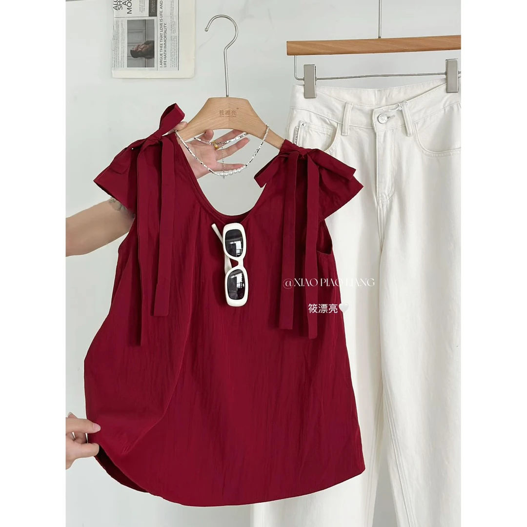 夏减龄蝴蝶结系带纽扣设计感U领飞飞袖纯色短袖上衣2860#0.15 jj