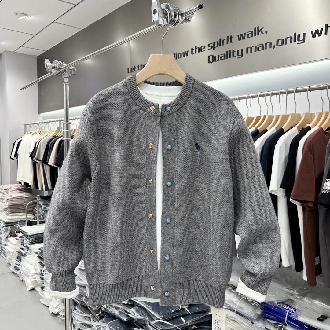 秋季新款复古刺绣纯色圆领款开衫休闲潮流百搭毛衣外套