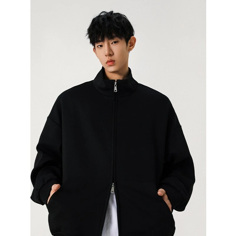 2025春季新款港风潮流双拉链立领开衫卫衣青少年男士百搭立领外套