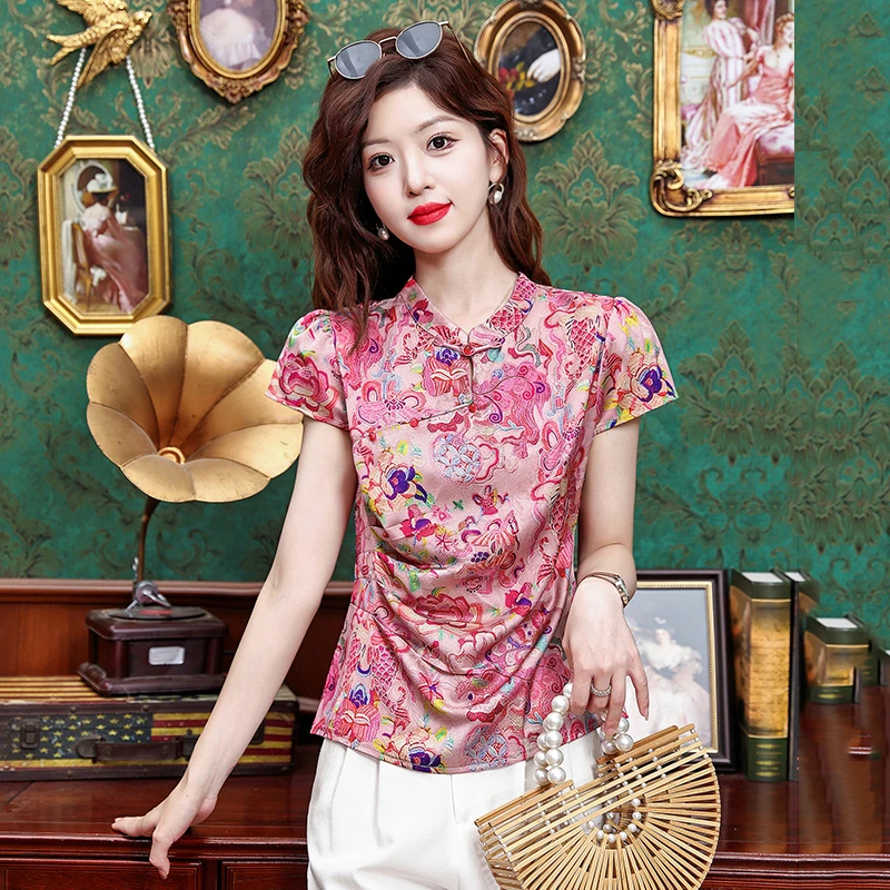 复古国风气质立领旗袍衬衫女夏季设计感贵气新中式碎花上衣小衫