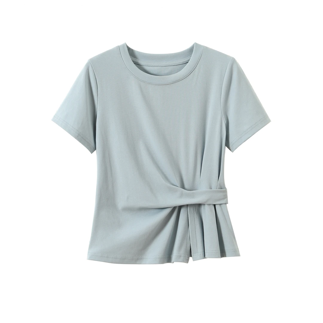 0613简约圆领短袖T恤夏2025新款休闲百搭上衣设计感收腰小众别致