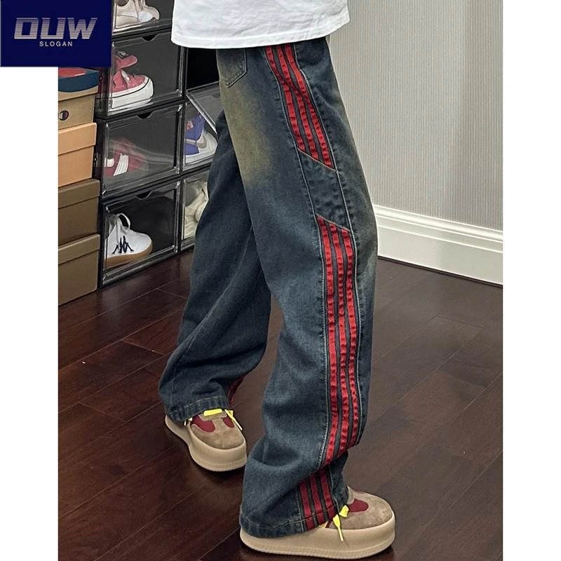 O.U.W三条杠拼接弯刀裤子男士初秋直筒长裤美式复古蓝色牛仔裤ins