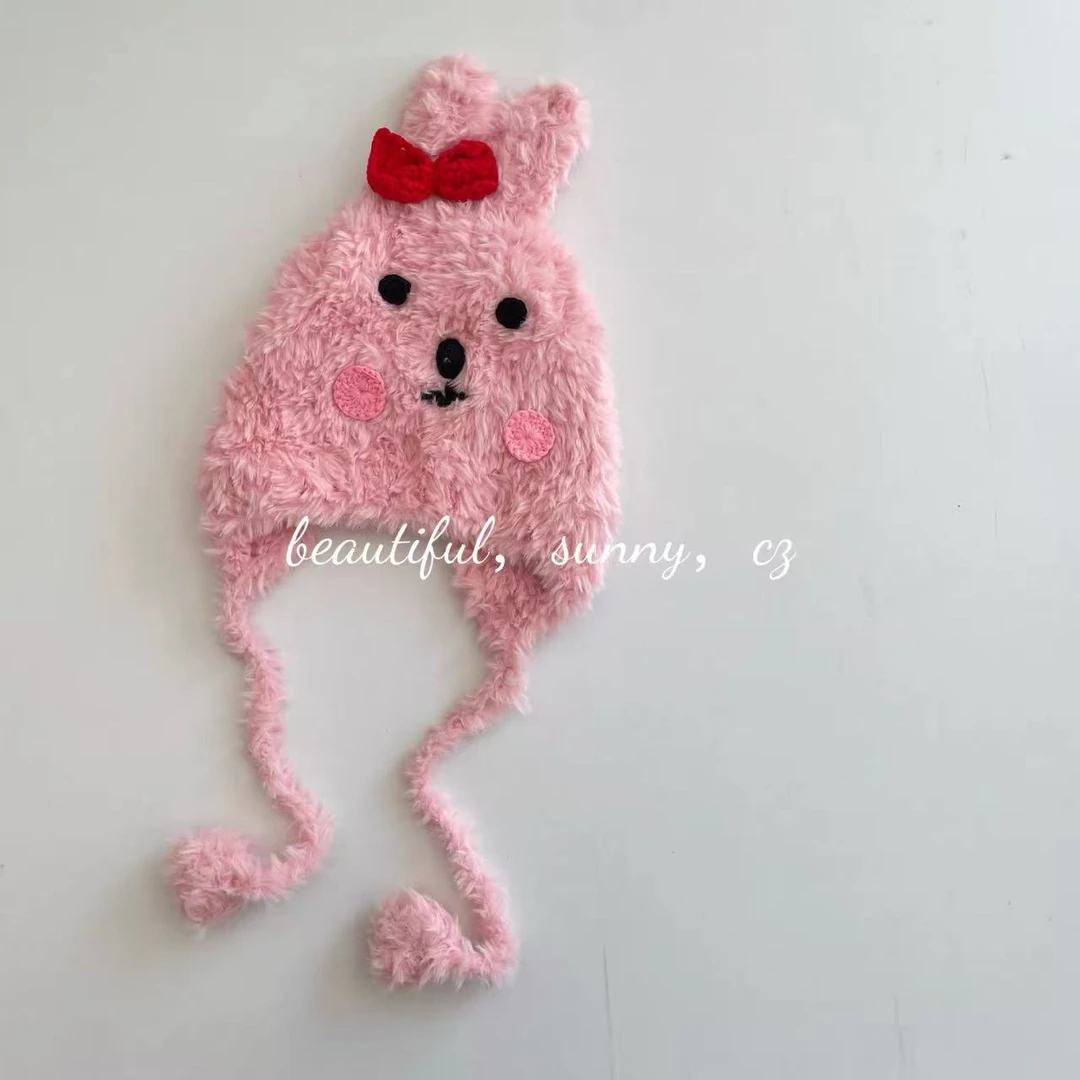 【可亲子】粉色蝴蝶结小兔毛绒卡通帽子25806