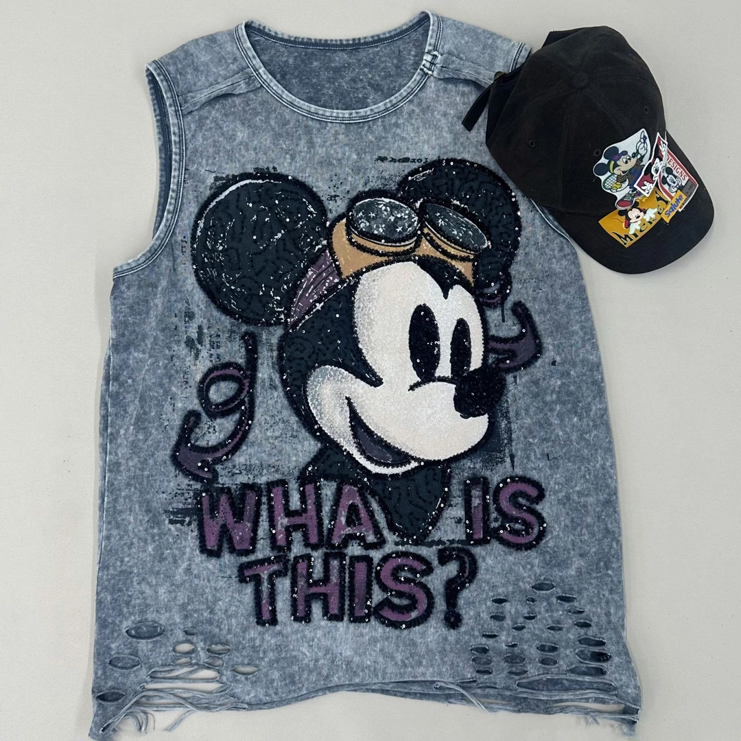 夏季新款重工破洞设计感米奇无袖T恤背心上衣140