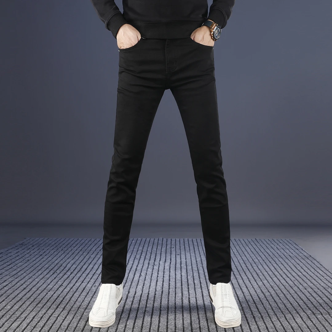黑色男士加绒牛仔裤秋冬款爆款2025新款修身小脚加绒显瘦休闲裤子