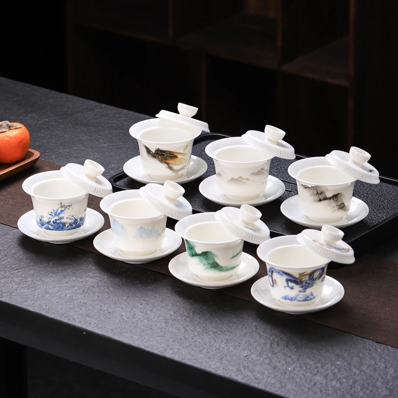 悬停旋转盖碗泡茶德化三才茶碗功夫单个带盖过滤器羊脂玉陶瓷家用