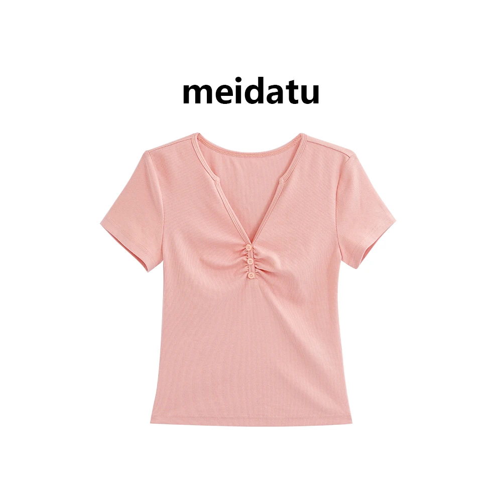 美哒兔（撩人心弦）设计感褶皱v领显瘦T恤（小个子版）CK1602-6Q