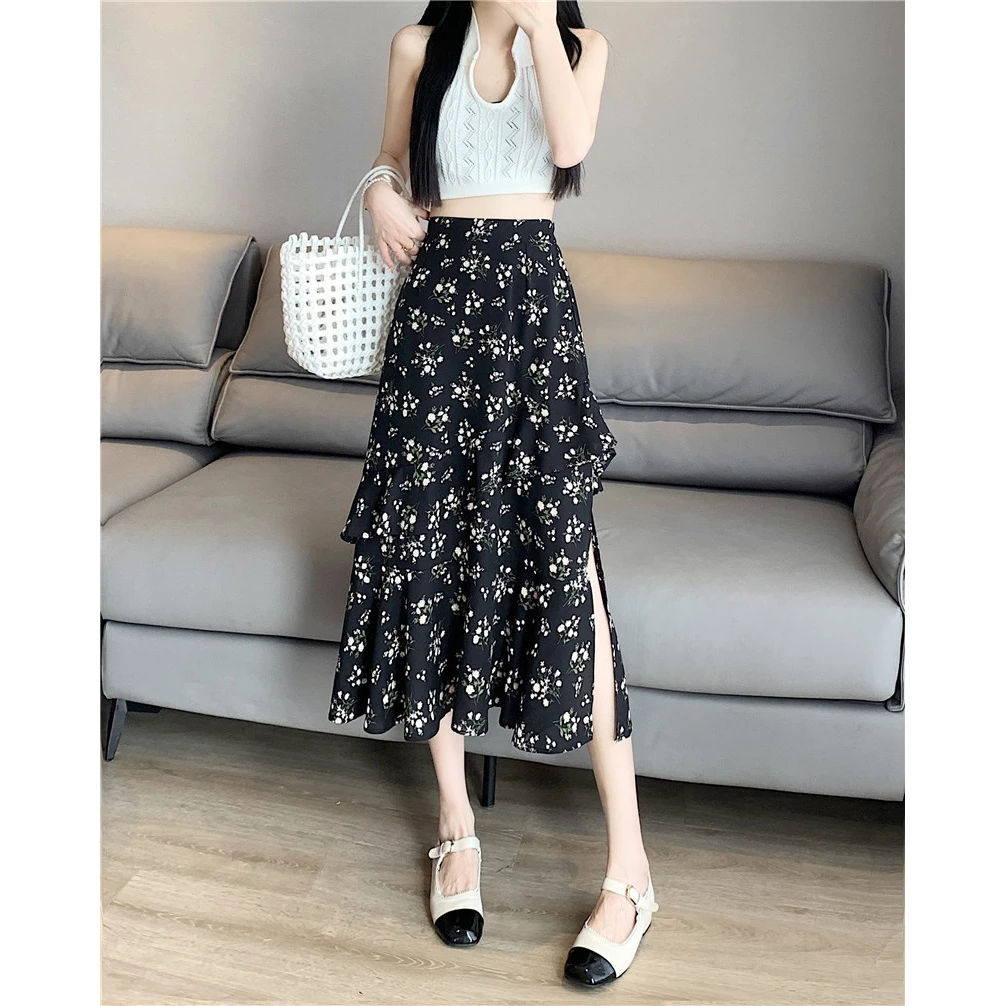 La Chapelle/拉夏贝尔高级感实拍实价 开叉高腰荷叶边碎花半身裙