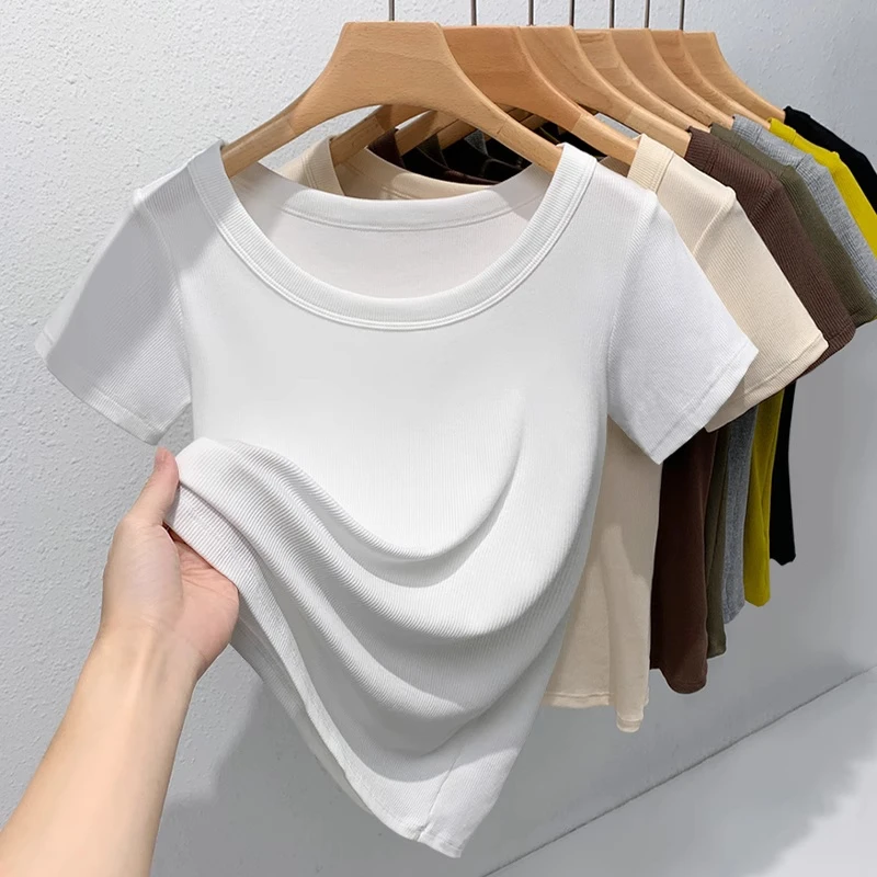 【新店冲销量】短袖T恤2025新款大U领正肩修身短款上衣夏季高腰U领