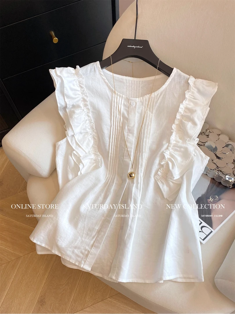 小香风设计感褶皱木耳边小飞袖衬衫女2025夏季温柔风百搭减龄上衣