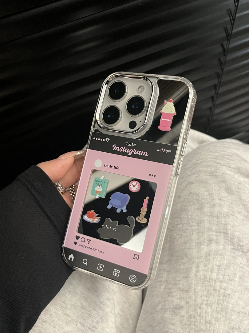 创意猫咪乐园镜面适用苹果16promax手机壳15小众华为趣味网红男女