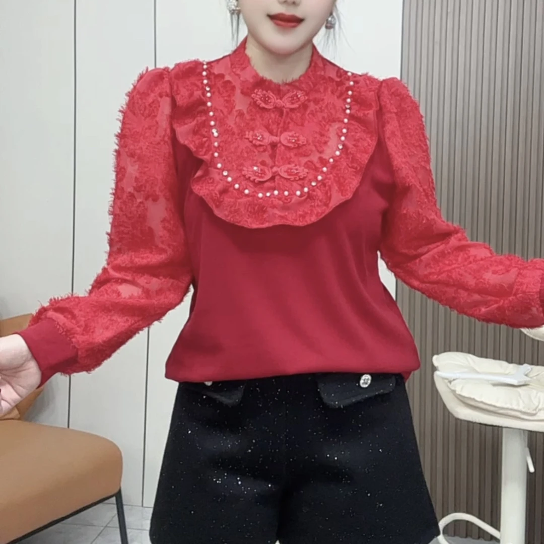 设计感珍珠烫钻时尚长袖蕾丝打底衫女秋气质显瘦内搭洋气小衫上衣